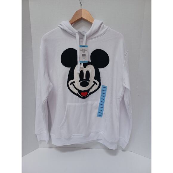 NWT DISNEY MICKEY MOUSE Pullover Sweatshirt Embroidery Crochet Face Hoodie L - Picture 1 of 8